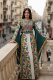 Green Floral Embroidered Palestinian Beige Thobe with Wide Sleeve