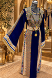 Blue Velvet Embroidery Thoub with Dangling Beads