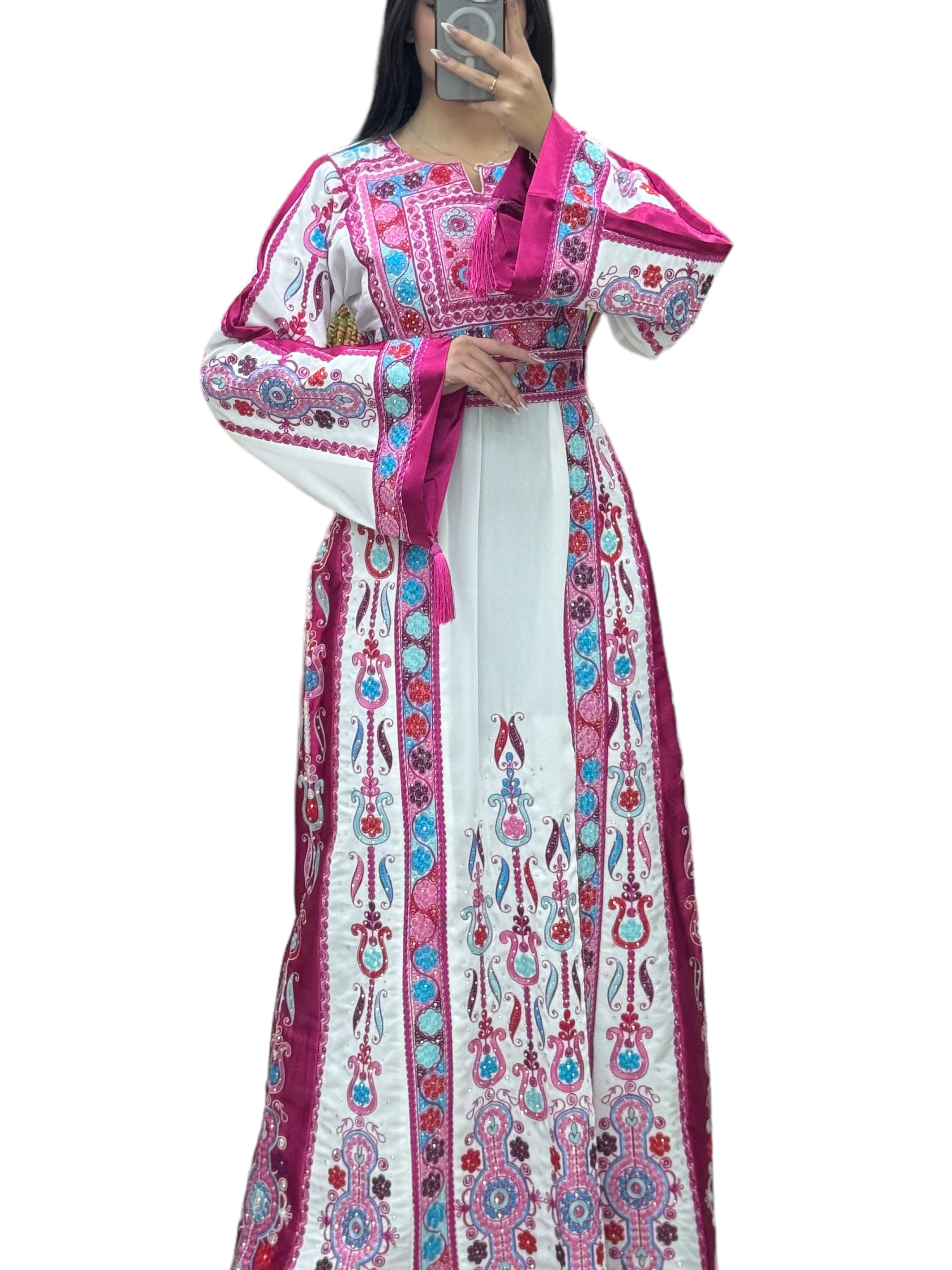 Pink Malacca White Embroidery Thoub  Wide Sleeve Elegant with Reversible Belt