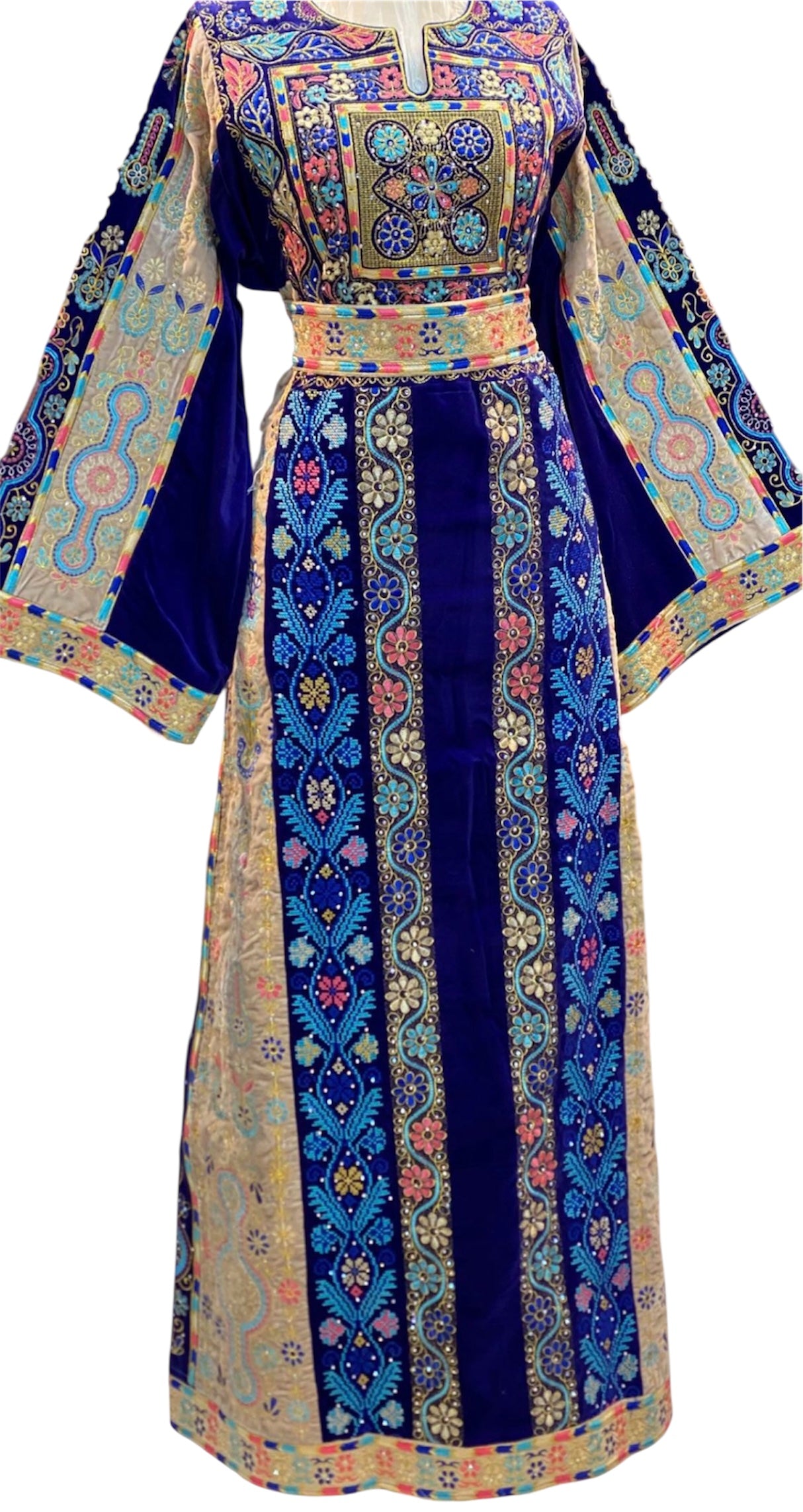 German velvet  Multicolored Gorgeous Palstainen Embroidery Traditional Long Thoub