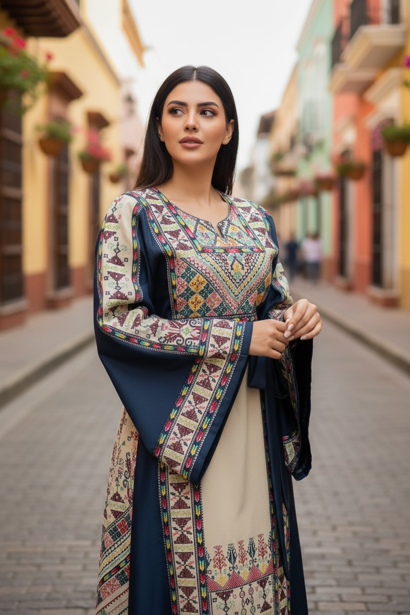 Beige Color thoub Blue Embroidered Palestinian Fellahi Thobe With Belt