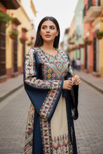 Load image into Gallery viewer, Beige Color thoub Blue Embroidered Palestinian Fellahi Thobe With Belt
