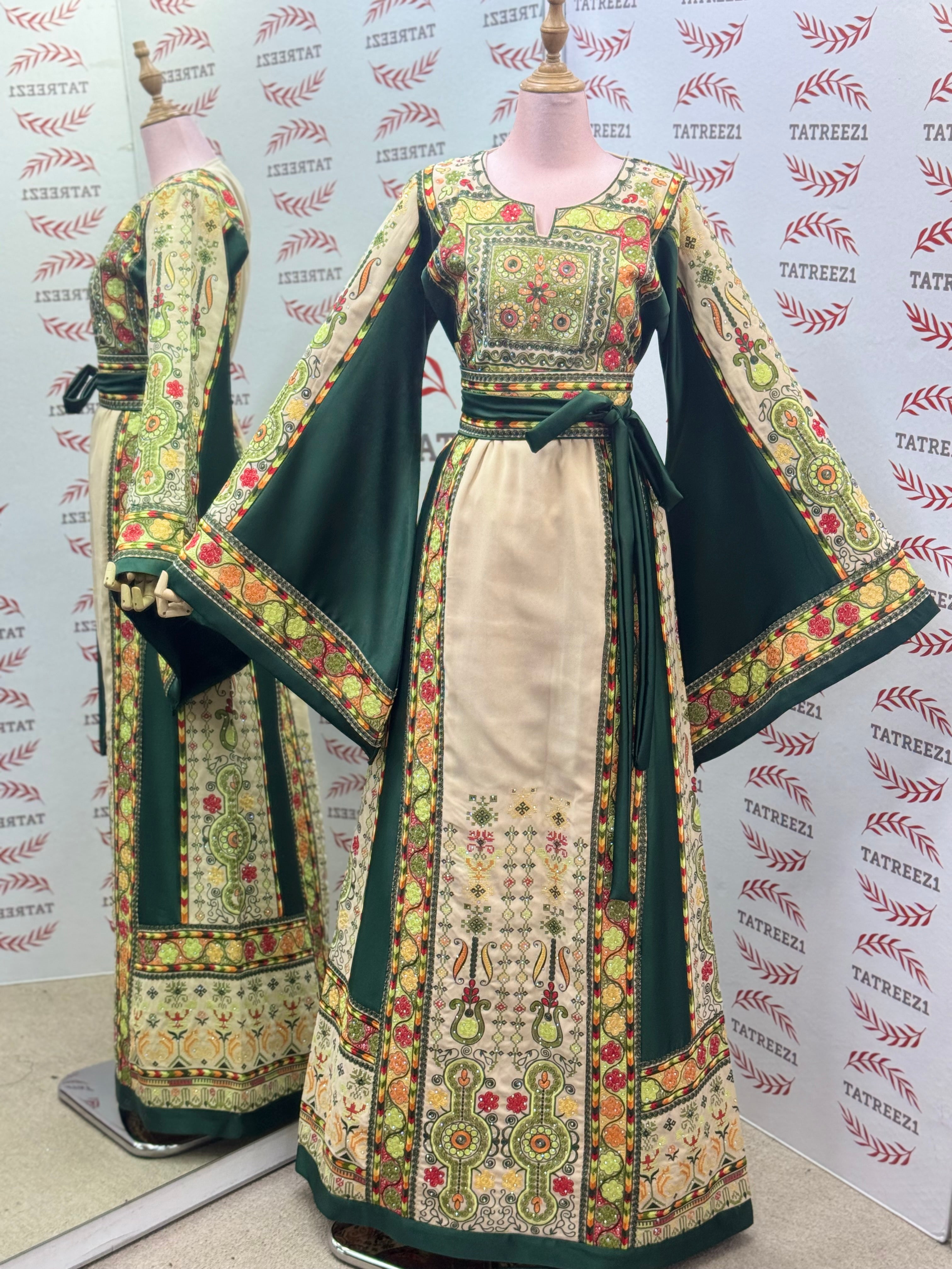 The Green & Cream Palestinian Tatreez Thobe Heritage Elegance Embroidered Dress