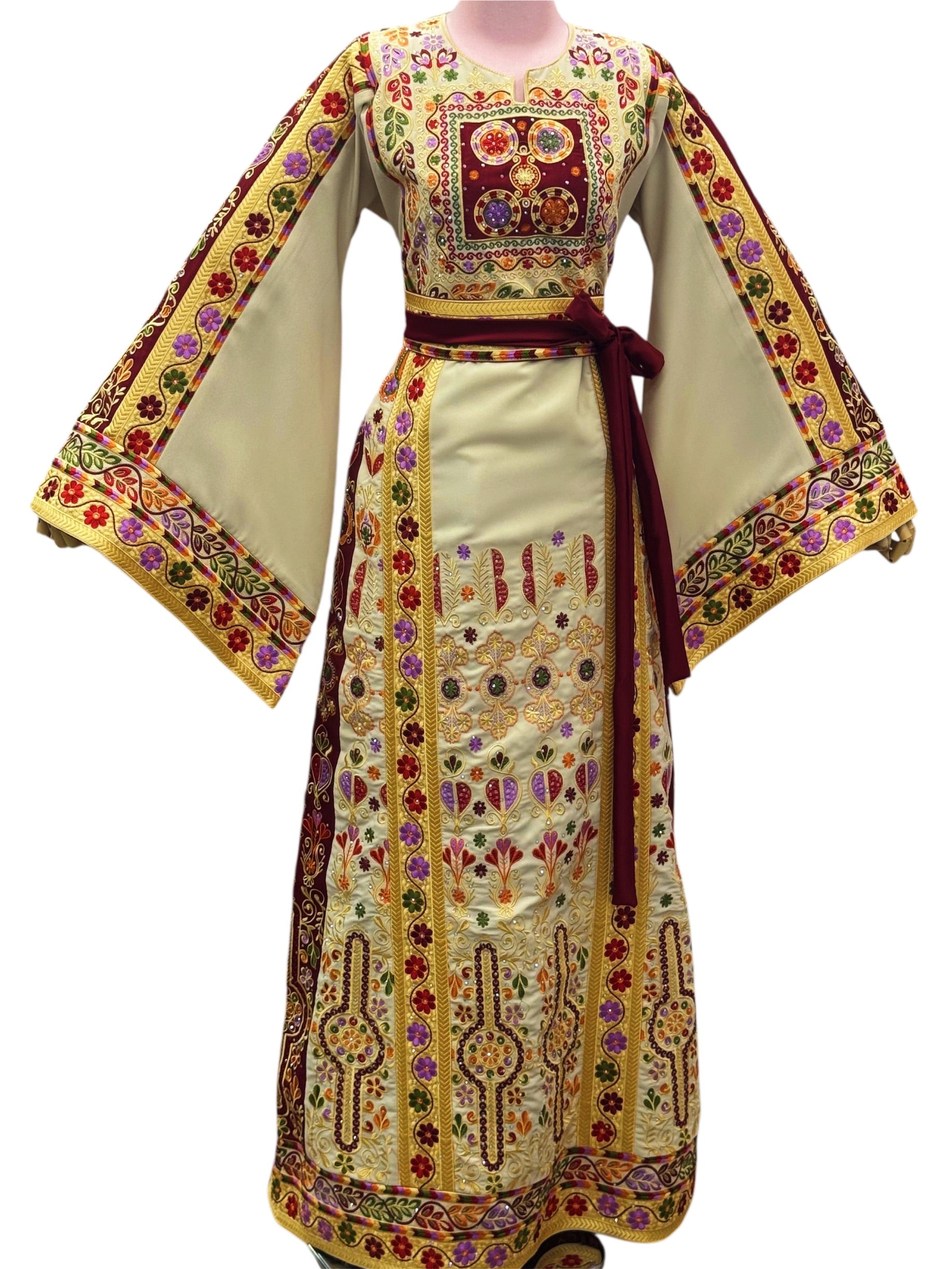 Baharej Thoub Luxury Embellishments Beige Shade Embroidered Palestinian Thobe