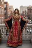 Red Embroidered Palestinian Thobe Featuring Wide Sleeves