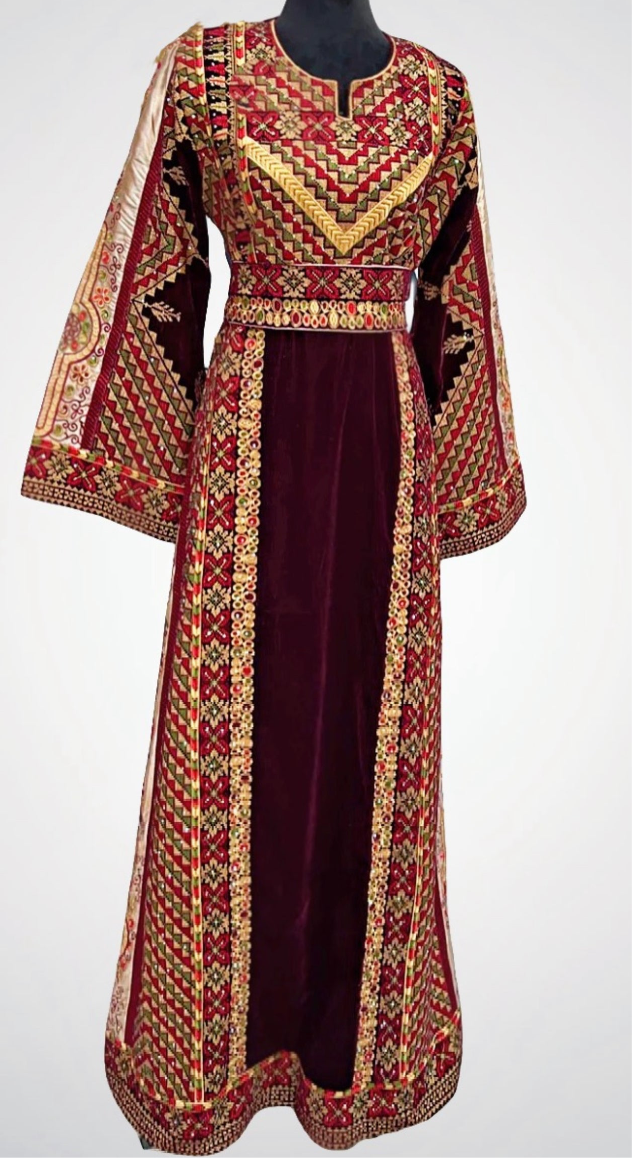 Silk Velvet Maroon Stone Embroidery Thoub