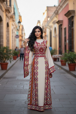 Charger l'image dans la galerie, Red Embroidered Palestinian Thobe with Wide Sleeves and Belt
