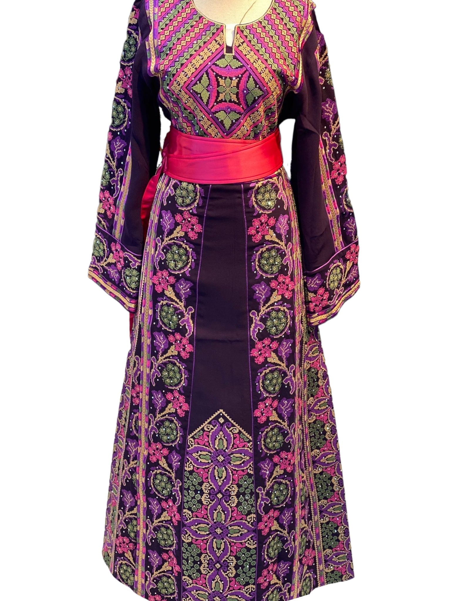 Purple Color Mutli Embroidered Palestinian Fellahi Thobe With Kashmir belt