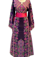 Charger l&#39;image dans la galerie, Purple Color Mutli Embroidered Palestinian Fellahi Thobe With Kashmir belt
