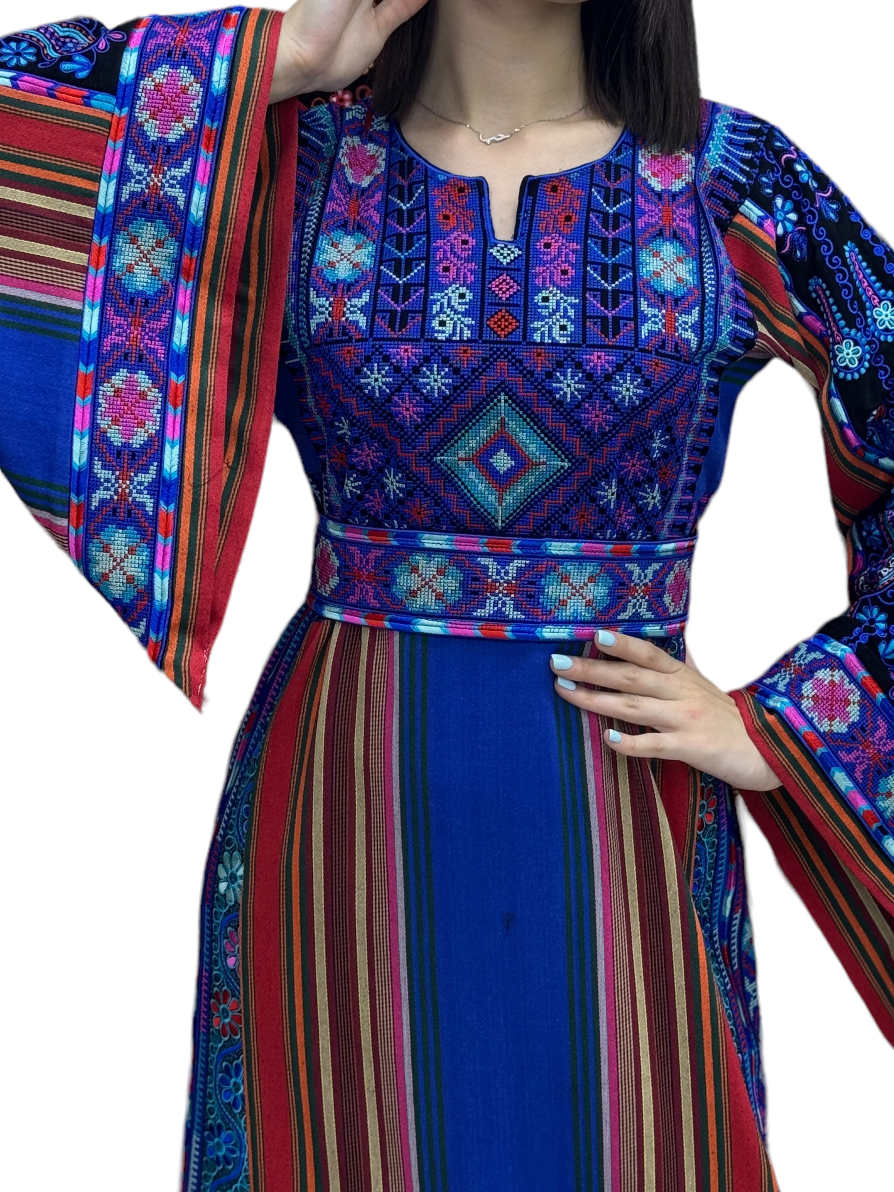 Royal Blue Multicolor Majdalway Embroidered Palestinian Fellahi Thobe