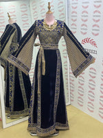 Load image into Gallery viewer, Velvet Simply Elegant Wide Sleeve Thoub Blue Embroidered Palestinian Thobe
