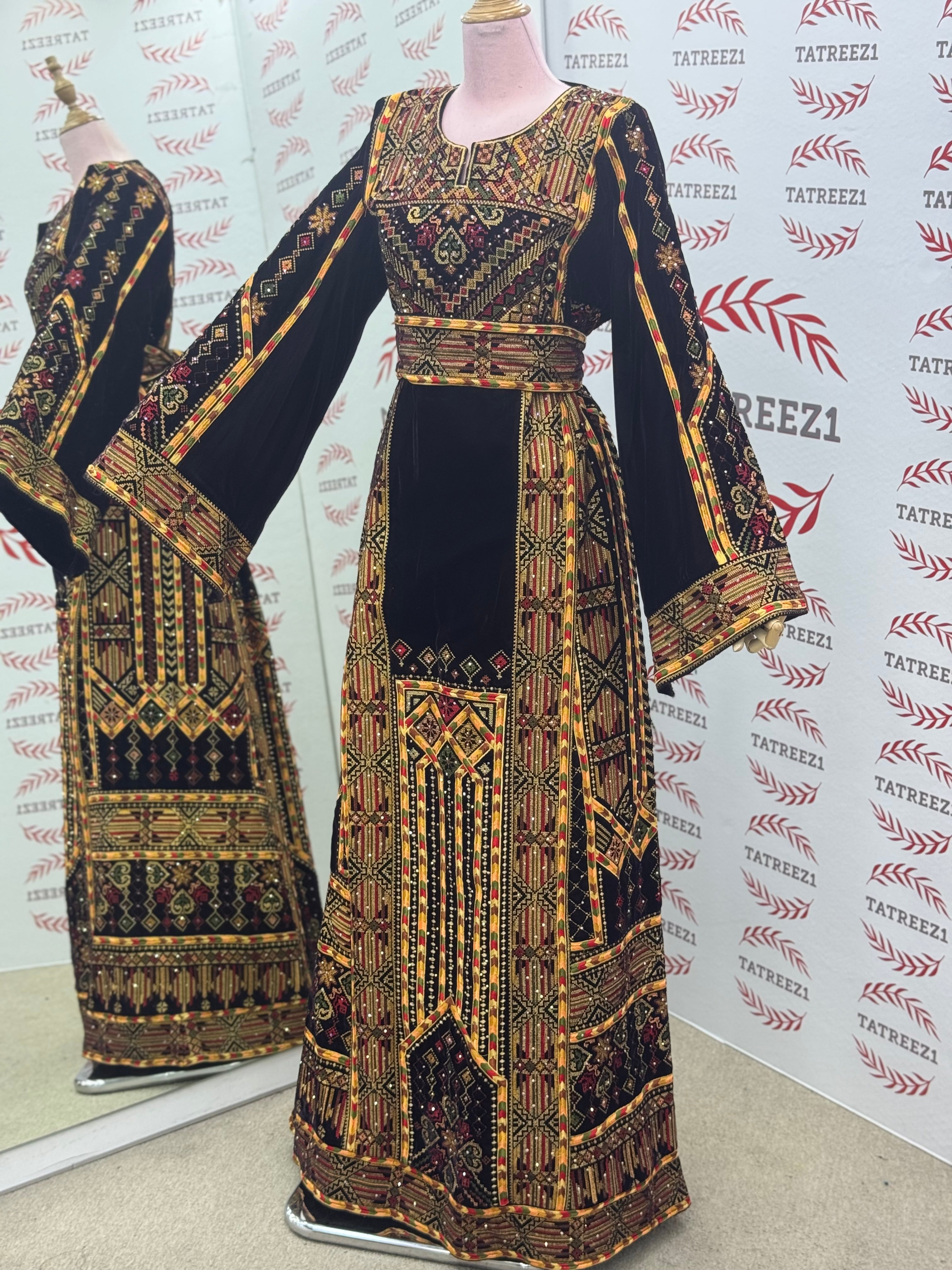 Golden Embroidery Silk Dark Brown Velvet Stone Thobe