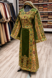Qasab Green Malacca Silk German Velvet Thoub with Embroidery with Matching Headpiece