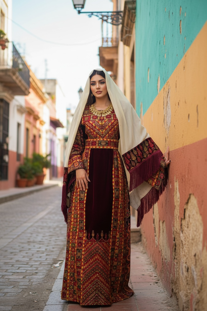 Maroon Velvet Palastine Thoub & Matching Headpiece