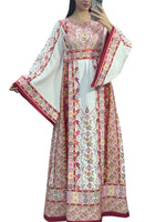 Load image into Gallery viewer, Off white Traditional Thoub Red Embroidery Wide Sleeve Elegant with Reversible Belt
