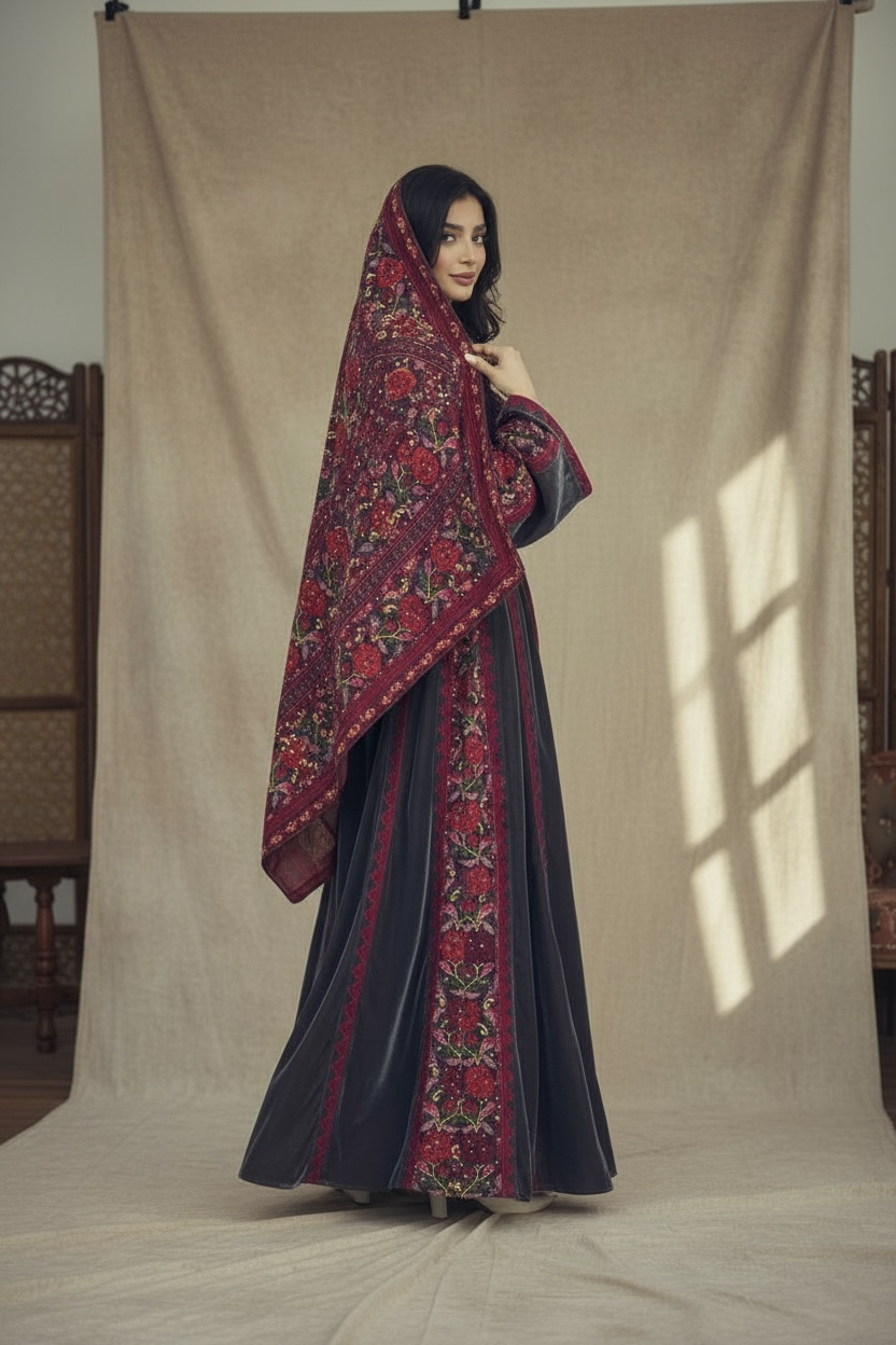 Velvet Gray Simple Elegant Embroidered Dress