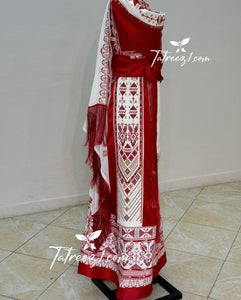 With Reversable Belt Red  Astonishing Palstainen Embroidery Traditional Long Thoub With Matching Headpiece