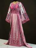 Elegant Pink Malacca Silk Velvet Thobe with Stone Embroidery, Matching Overskirt, and Headpiece