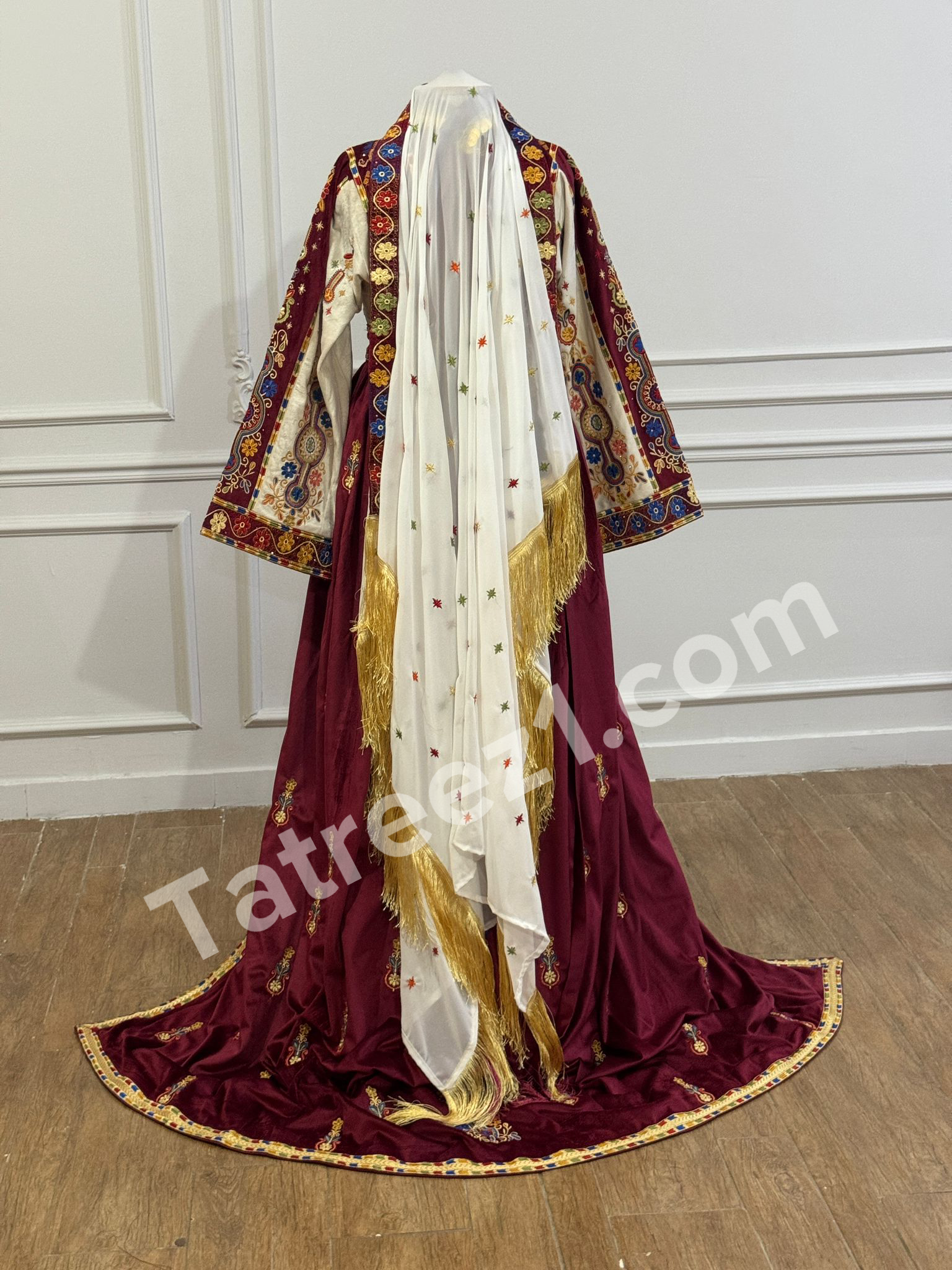 Maroon Malacca Silk Velvet Thoub with Stone Embroidery and Overskirt