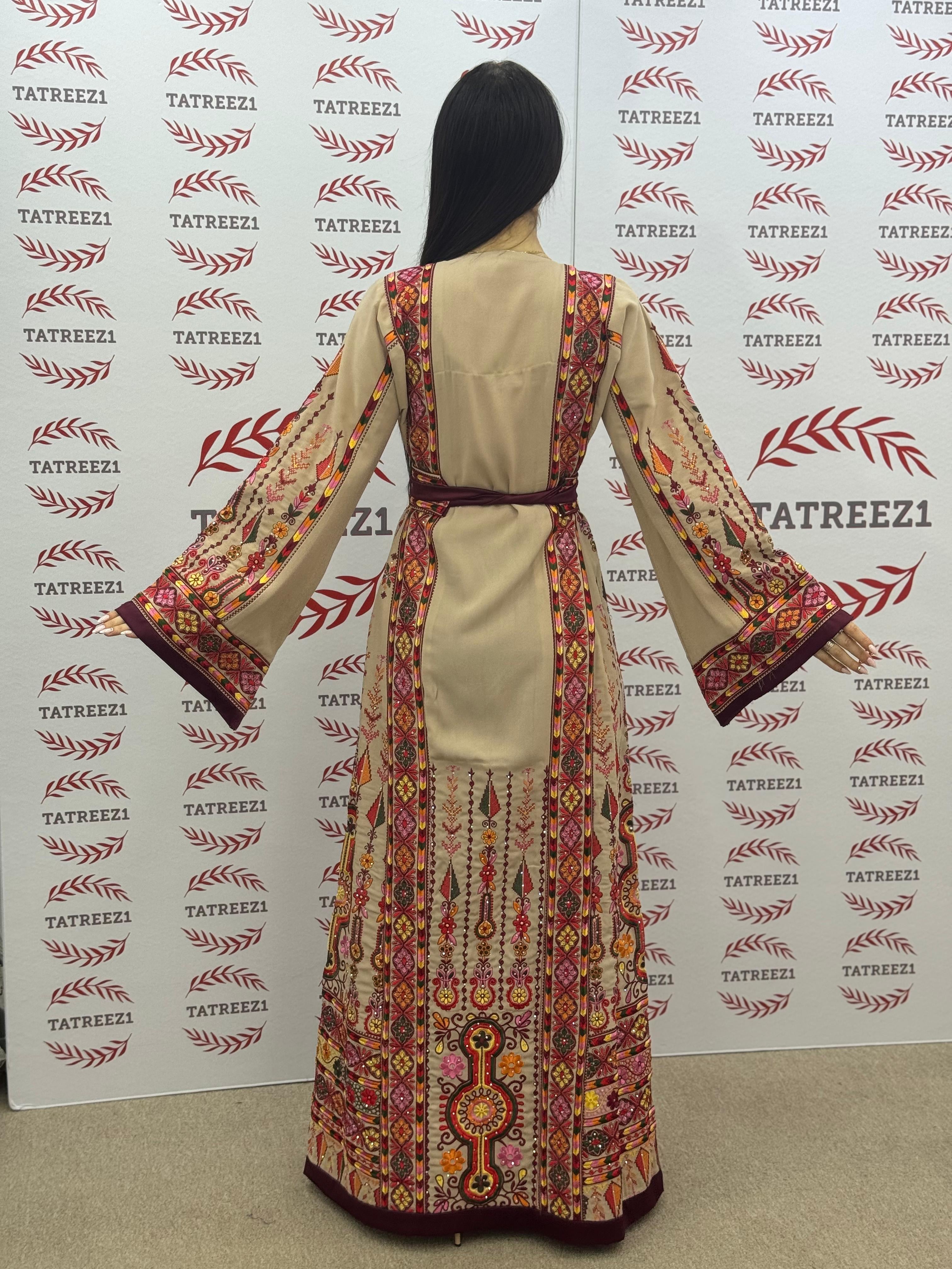 Beige Shade Embroidered Palestinian Thobe With Reversible Belt