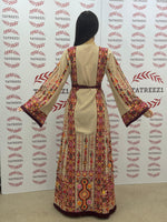 Load image into Gallery viewer, Beige Shade Embroidered Palestinian Thobe With Reversible Belt
