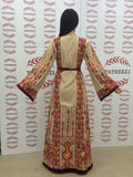 Beige Shade Embroidered Palestinian Thobe With Reversible Belt