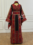 Red & Black Embroidery Traditional Palestinian Thobe Machine Made with Matching Head Scarf