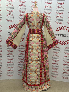 Beige & Maroon Thobe with Geometric Floral Embroidery
