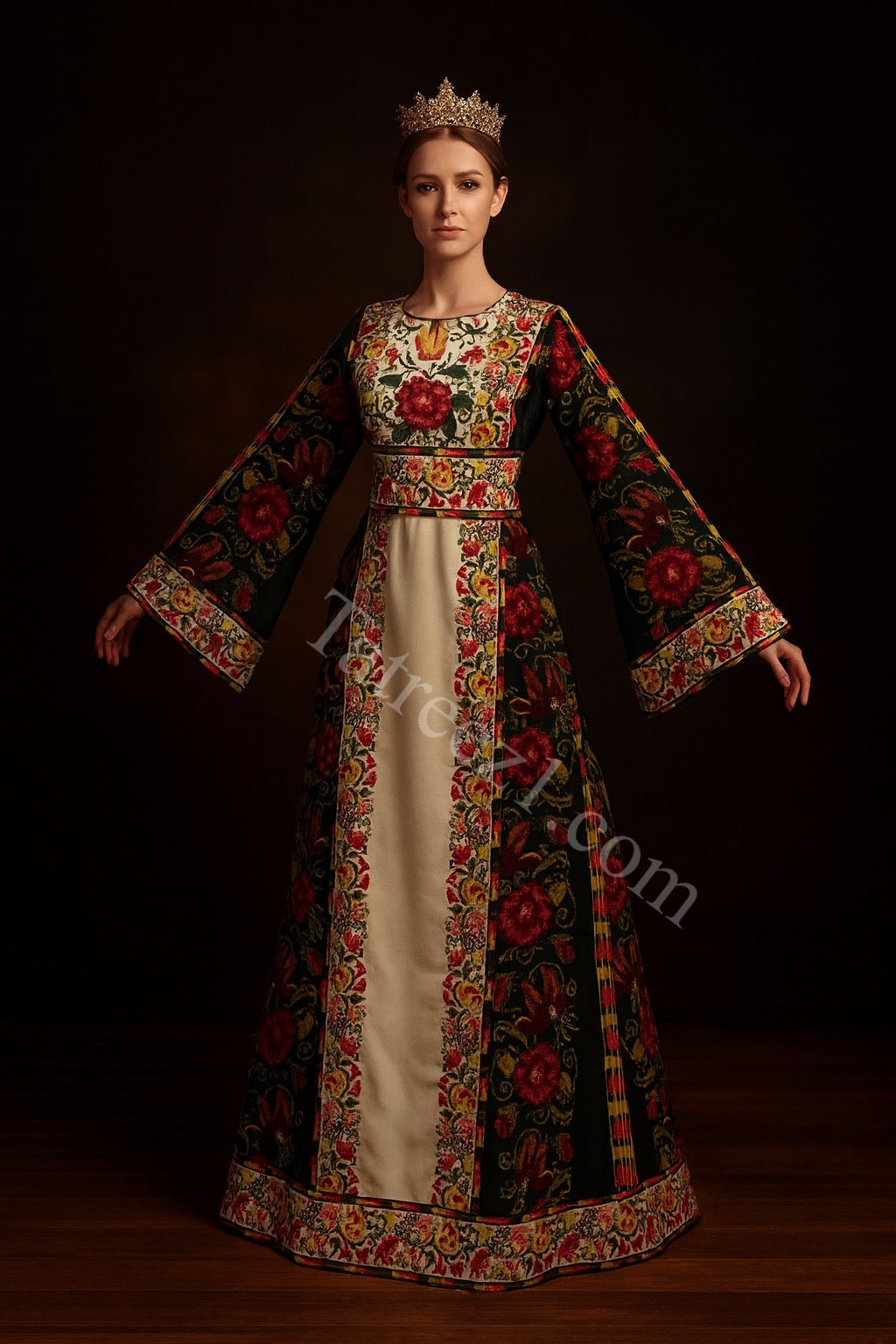 Green Embroidered Palestinian Thobe with Wide Sleeves and Belt
