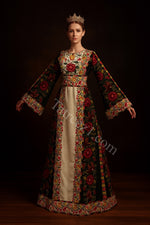 Load image into Gallery viewer, Green Embroidered Palestinian Thobe with Wide Sleeves and Belt
