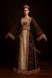 Green Embroidered Palestinian Thobe with Wide Sleeves and Belt