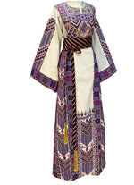 Load image into Gallery viewer, Etameen Purple Embroidered White  Shade Palestinian Fellahi Thobe With Satin belt
