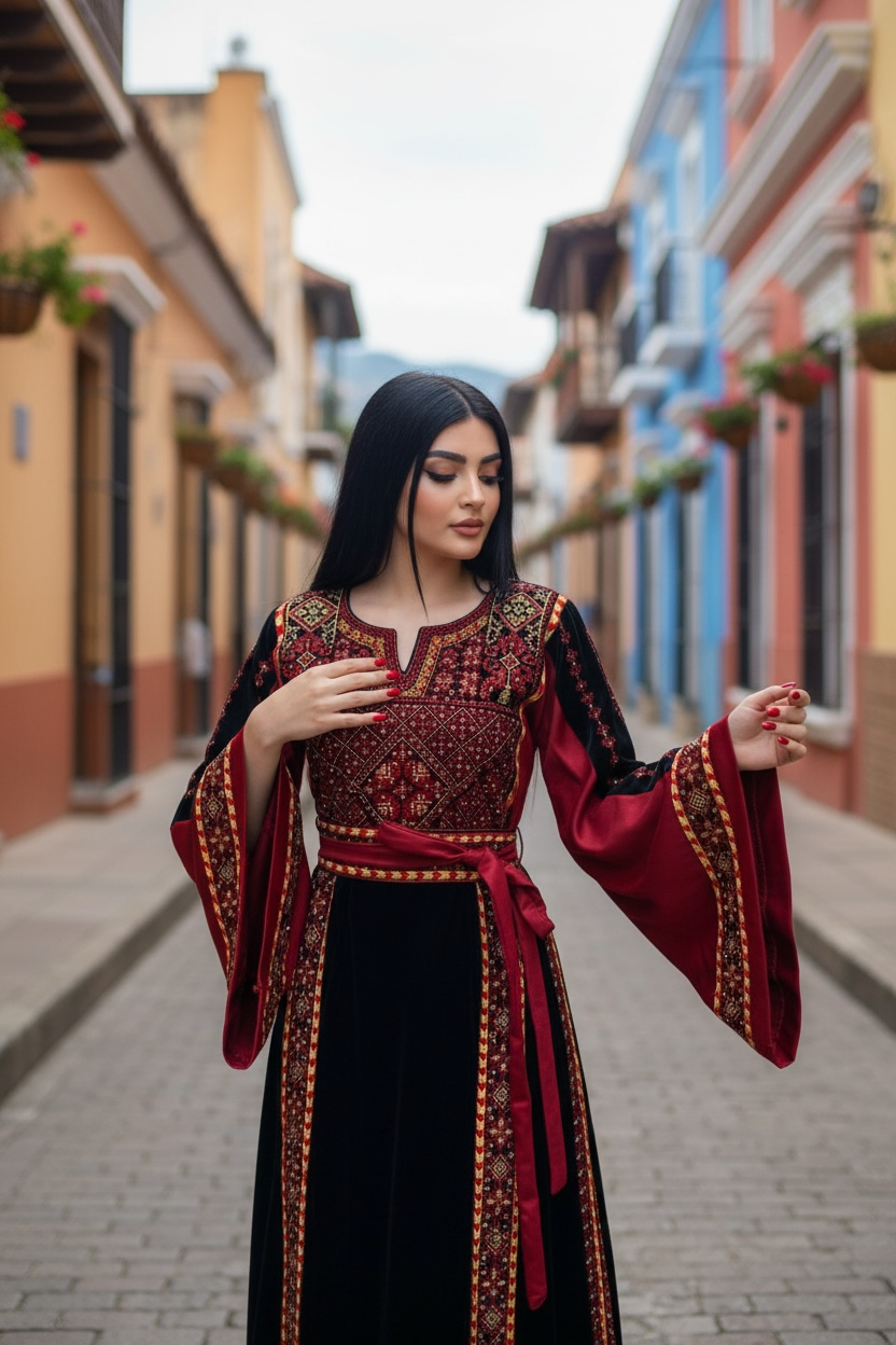 Velvet Simply Elegant Wide Sleeve Thoub Red Embroidered Palestinian Thobe
