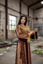 Load image into Gallery viewer, Maroon German velvet Palstainen Golden Embroidery Traditional Long Thoub
