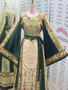 The Green & Cream Palestinian Tatreez Thobe Heritage Elegance Embroidered Dress