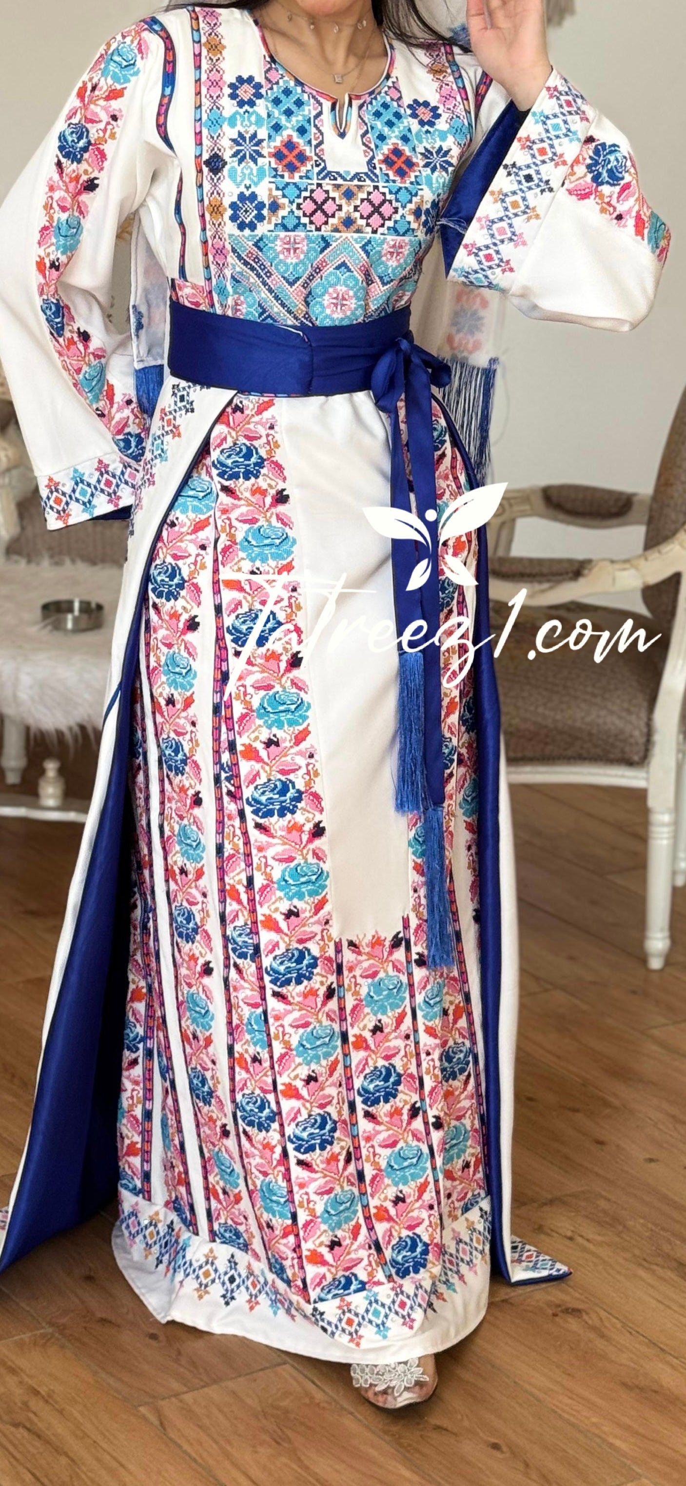 White Stunning Thoub with Floral Blue/Pink Embroidery and Overskirt.