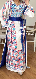 Charger l&#39;image dans la galerie, White Stunning Thoub with Floral Blue/Pink Embroidery and Overskirt.
