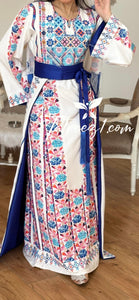 White Stunning Thoub with Floral Blue/Pink Embroidery and Overskirt.