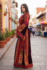 Charger l'image dans la galerie, Maroon Velvet embellished with intricate Qasab (metallic) embroidery.
