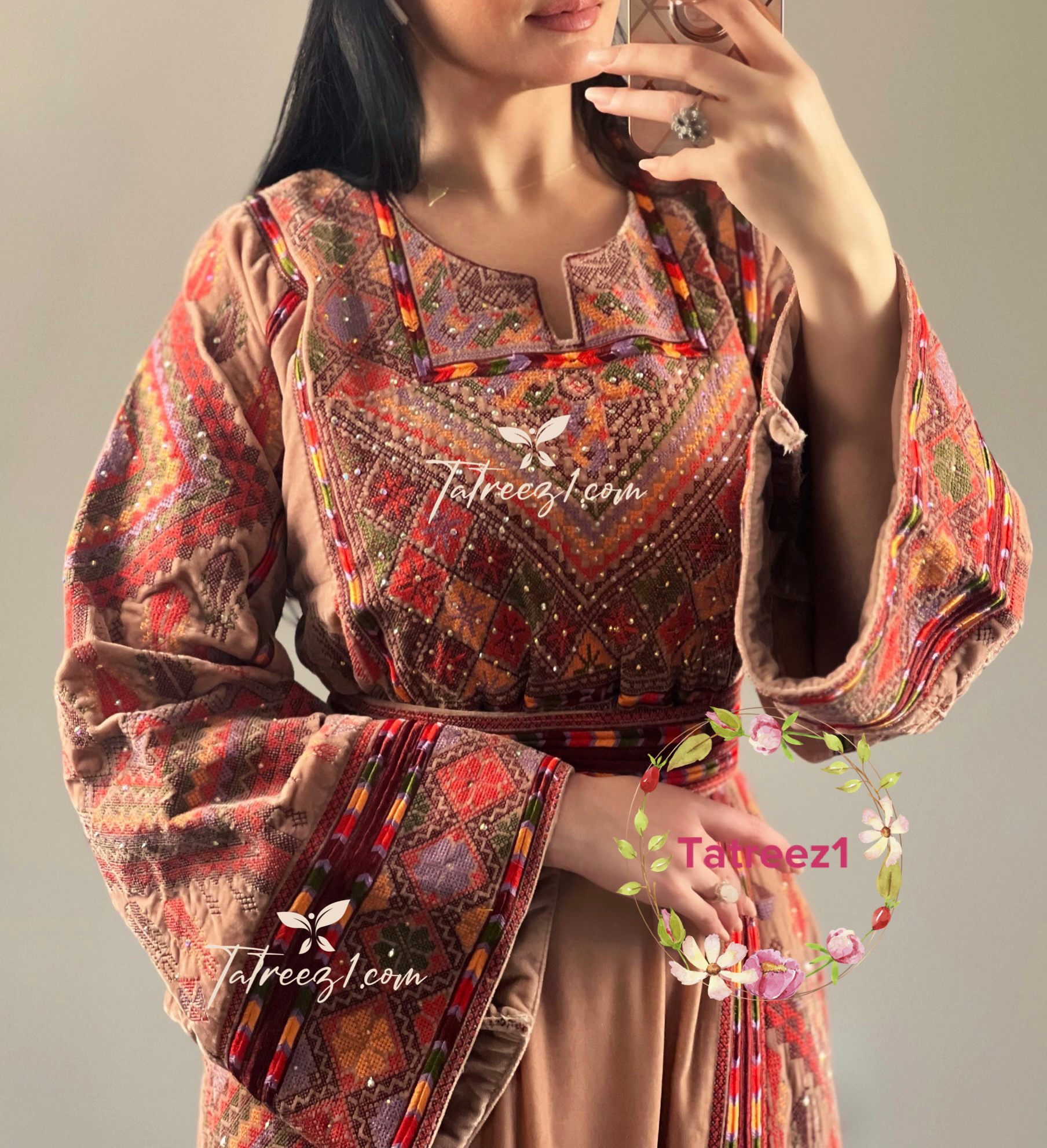 Velvet Brownish Shade Stoned Embroidery Thoub