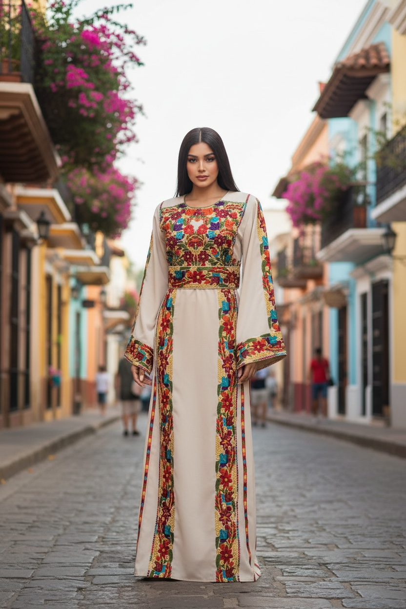 Beige Simple & Classic Elegant Emberoidery Dress With Matching belt