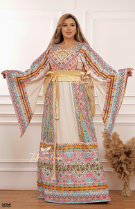 Gorgeous Beige shade, Palestinian Embroidery Traditional Long Thoub come with headpiece and Reversible belt