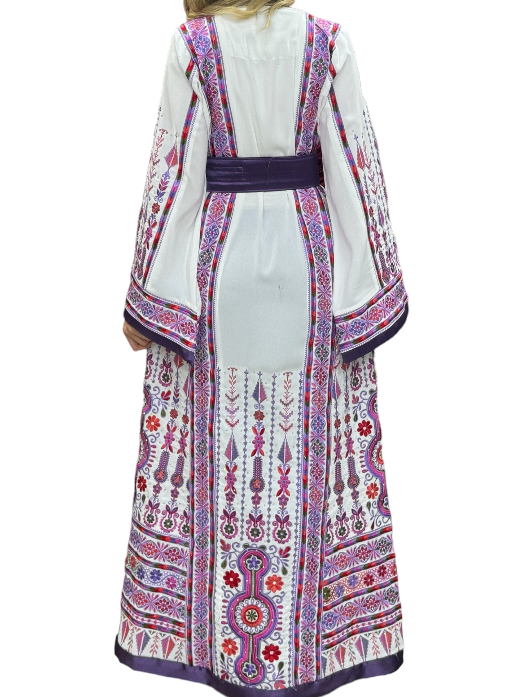 White & Purple Embroidered Palestinian Thobe With Reversible Belt