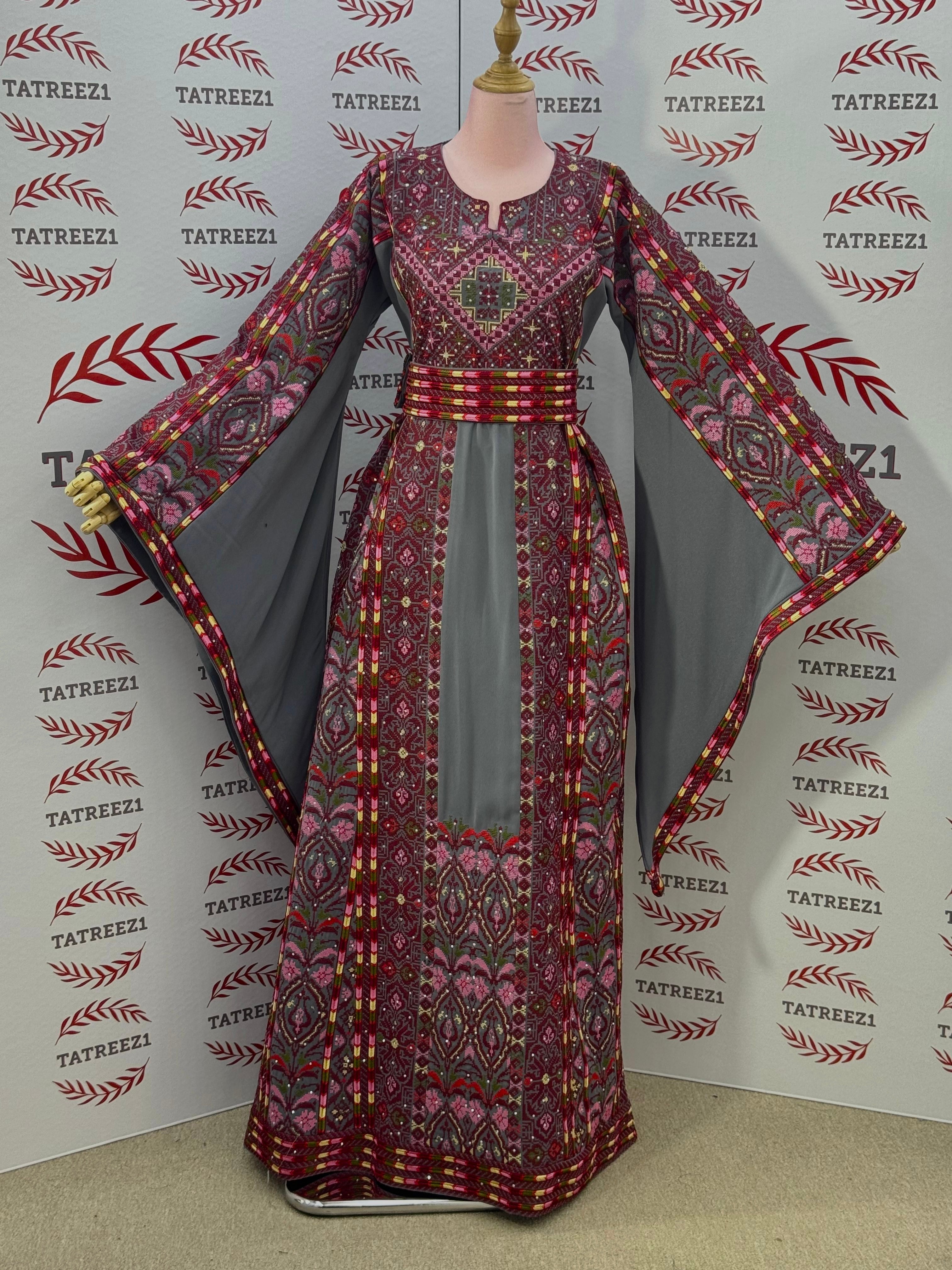 Gray Embroidered Palestinian Thobe with Matching Embroidered Belt