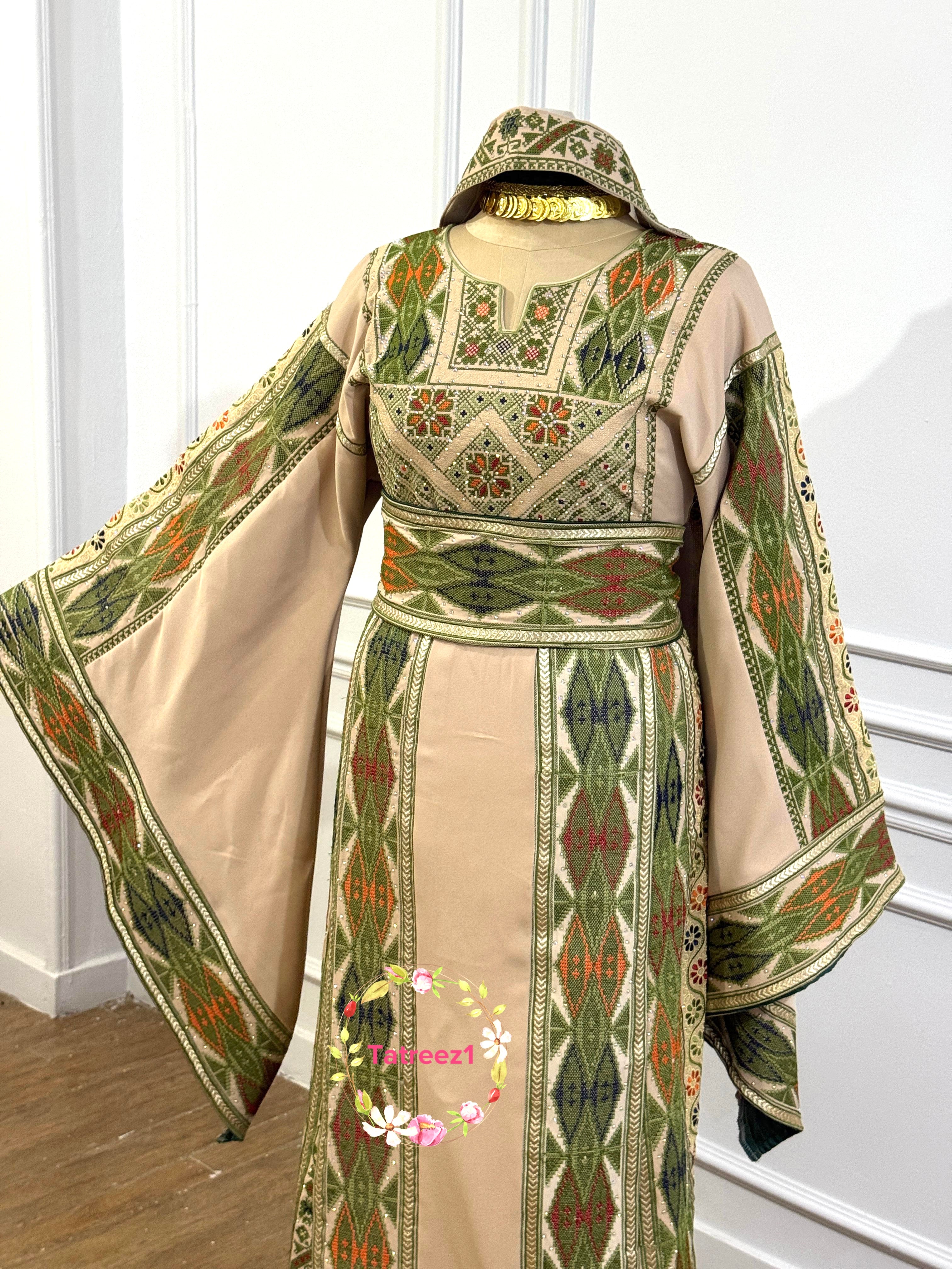 Green Embroidery Traditional Palestinian Beige Thobe Machine Made with Matching Head Scarf