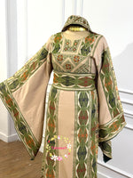 Load image into Gallery viewer, Green Embroidery Traditional Palestinian Beige Thobe Machine Made with Matching Head Scarf
