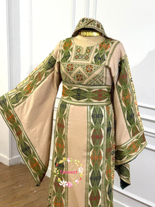 Green Embroidery Traditional Palestinian Beige Thobe Machine Made with Matching Head Scarf