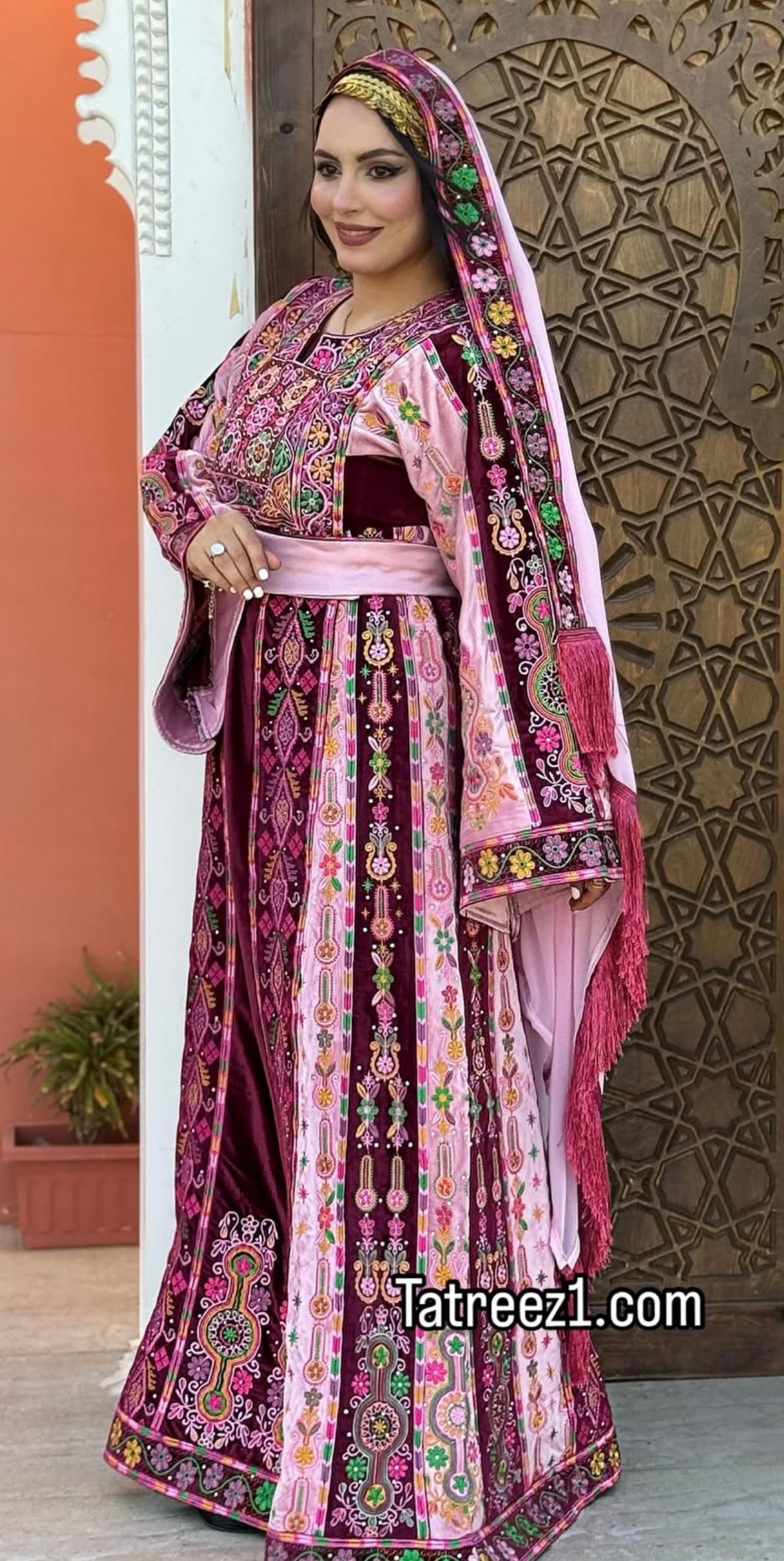 Magenta Malacca Velvet Material Stone Embroidery Thoub With Matching Headpiece and reversible belt