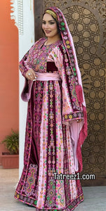 Magenta Malacca Velvet Material Stone Embroidery Thoub With Matching Headpiece and reversible belt