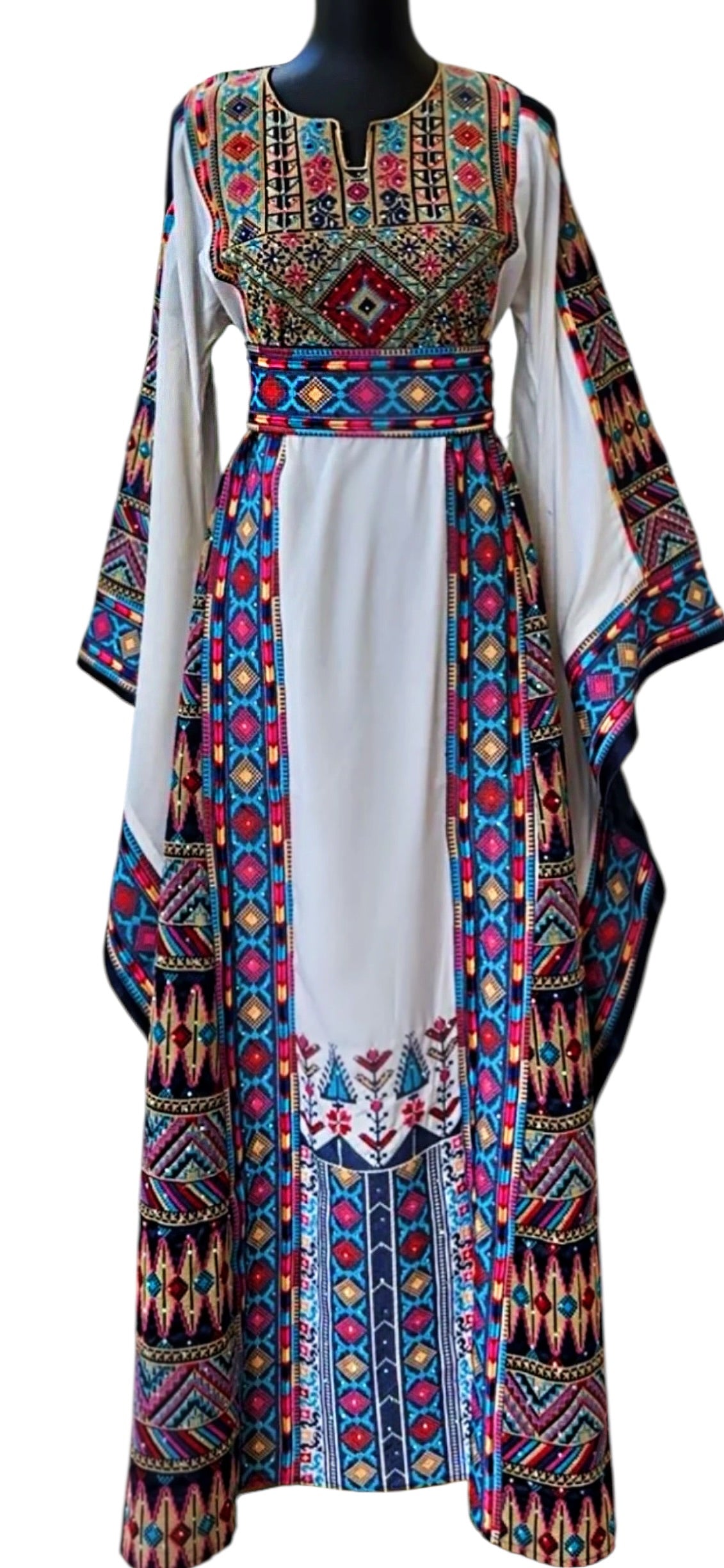 Royal White Embroidery Traditional Palestinian Thobe Machine Made
